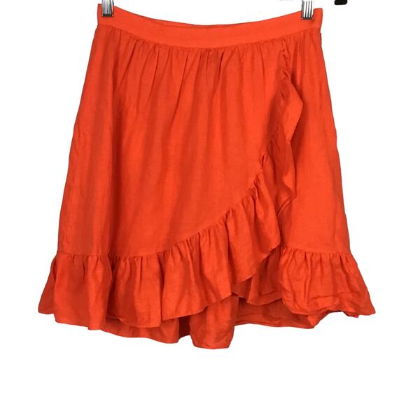 J. Crew 100% Linen Ruffle Hem Faux Wrap Mini Skirt Citrus Poppy Orange sz 4 - Picture 5 of 10